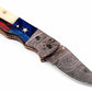 Hand Made Damascus Pocket Knife, Texas Flag Folding Knife, Outdoor Survival Knife With Leather Sheath - Groomsmen Gift, Anniversary Gift
