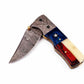 Hand Made Damascus Pocket Knife, Texas Flag Folding Knife, Outdoor Survival Knife With Leather Sheath - Groomsmen Gift, Anniversary Gift