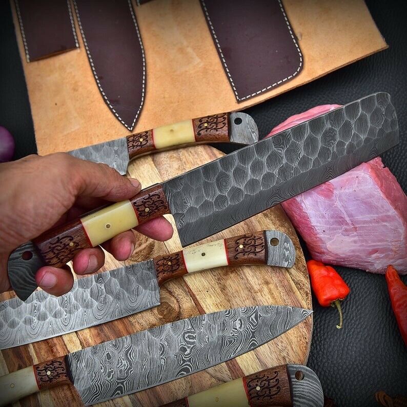 Custom Handmade Damascus Chef set Of 5pcs Come With Leather Kit,Kichten Knife, Damascus Knife Set, Kitchen knives set, Best handmade gift item