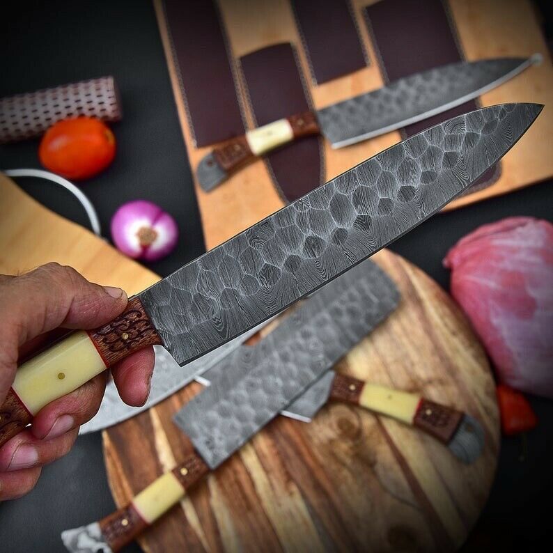 Custom Handmade Damascus Chef set Of 5pcs Come With Leather Kit,Kichten Knife, Damascus Knife Set, Kitchen knives set, Best handmade gift item