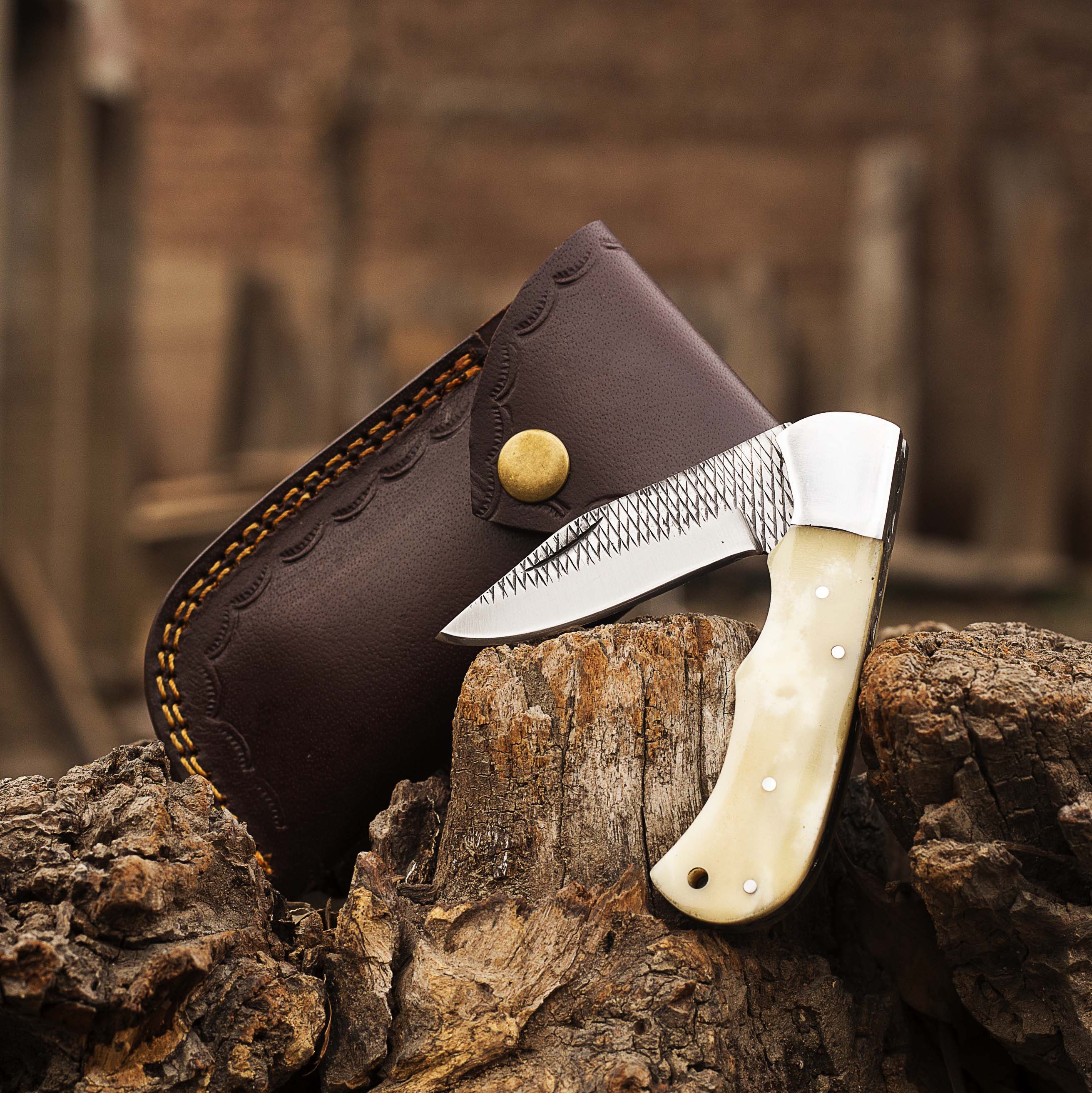 Custom Handmade 1095 Stainless Steel Pocket Most Beautiful Folding Knife Camel Bone Handle, Pocket Outdoor Liner-Lock Knife, Leather Sheath