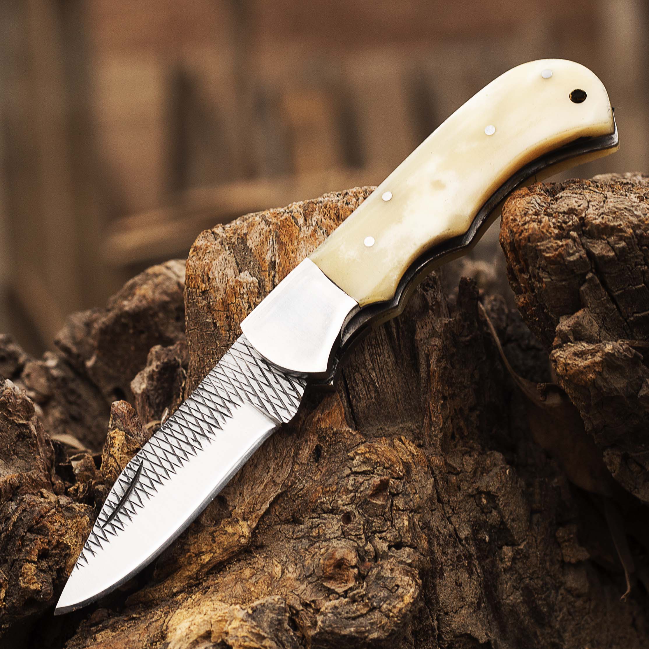 Custom Handmade 1095 Stainless Steel Pocket Most Beautiful Folding Knife Camel Bone Handle, Pocket Outdoor Liner-Lock Knife, Leather Sheath