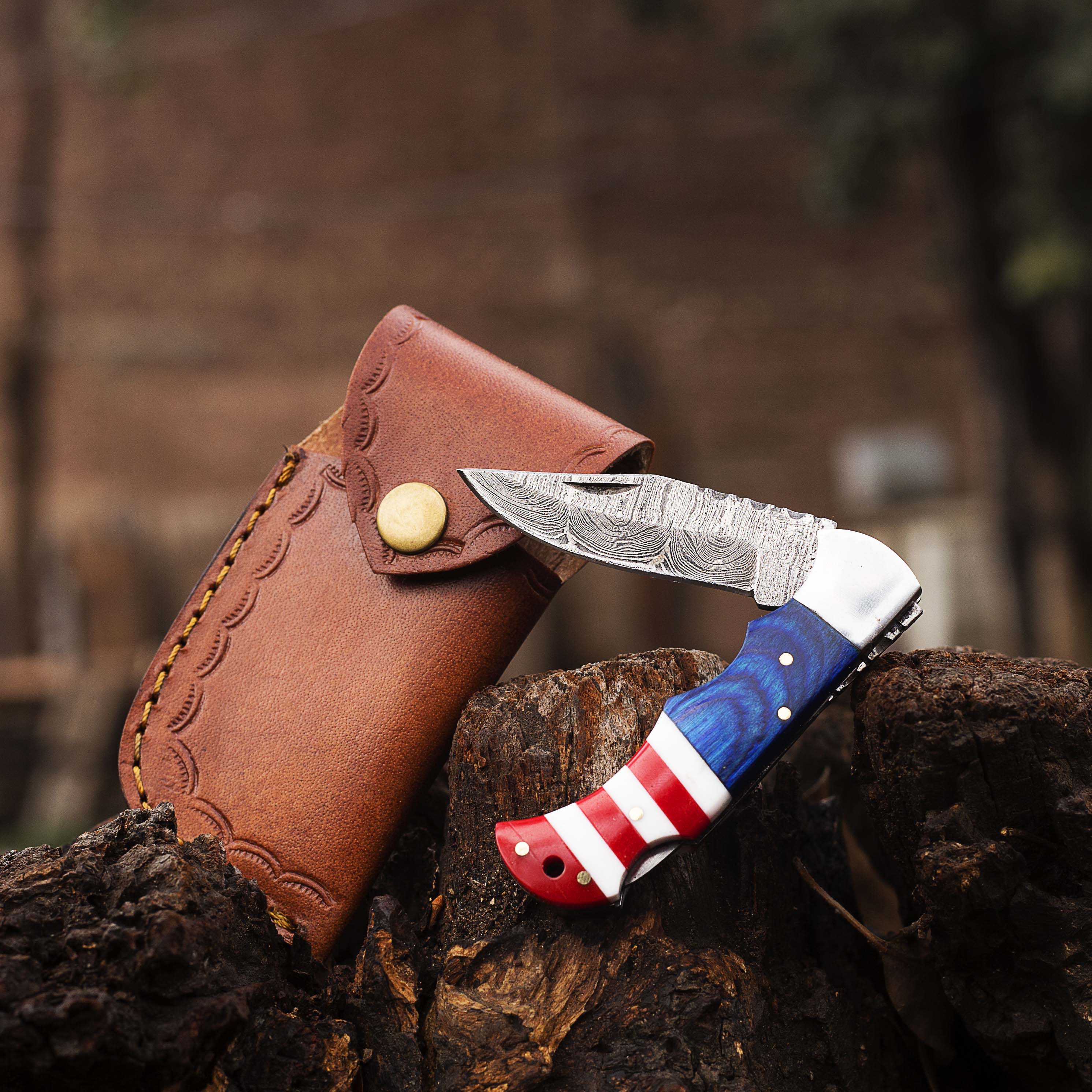 Damascus Pocket knife, Folding blade, Every Day Carry Knife , Damascus Folder, Best Gift For Him, Texas Flag Handle Knife, Texas Flag Handle Pocket / Folding Knives Handmade Knife for Men USA