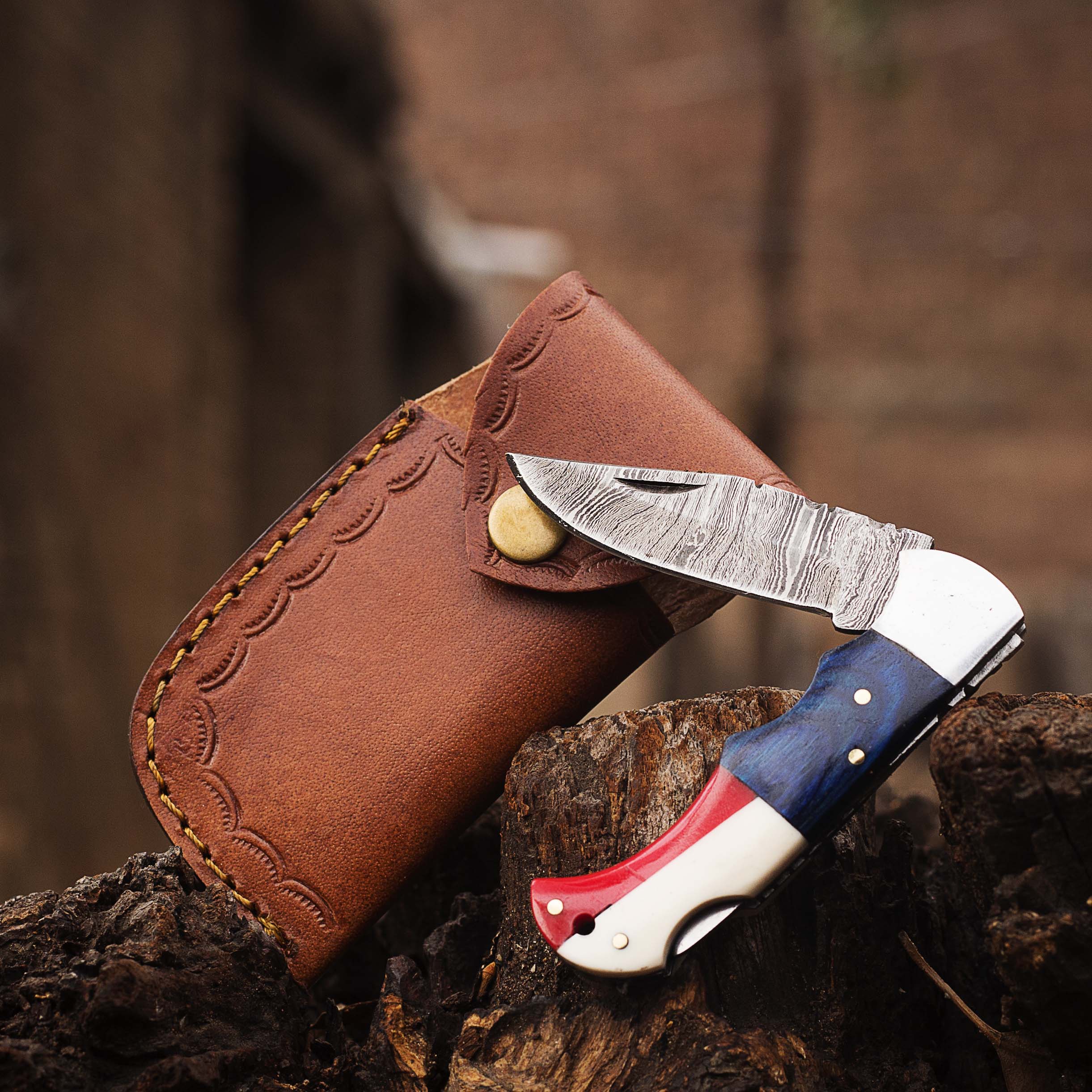Handmade Damascus Pocket Knife, Texas Flag Folding Knife, Outdoor Survival Knife With Leather Sheath - Groomsmen Gift, Anniversary Gift