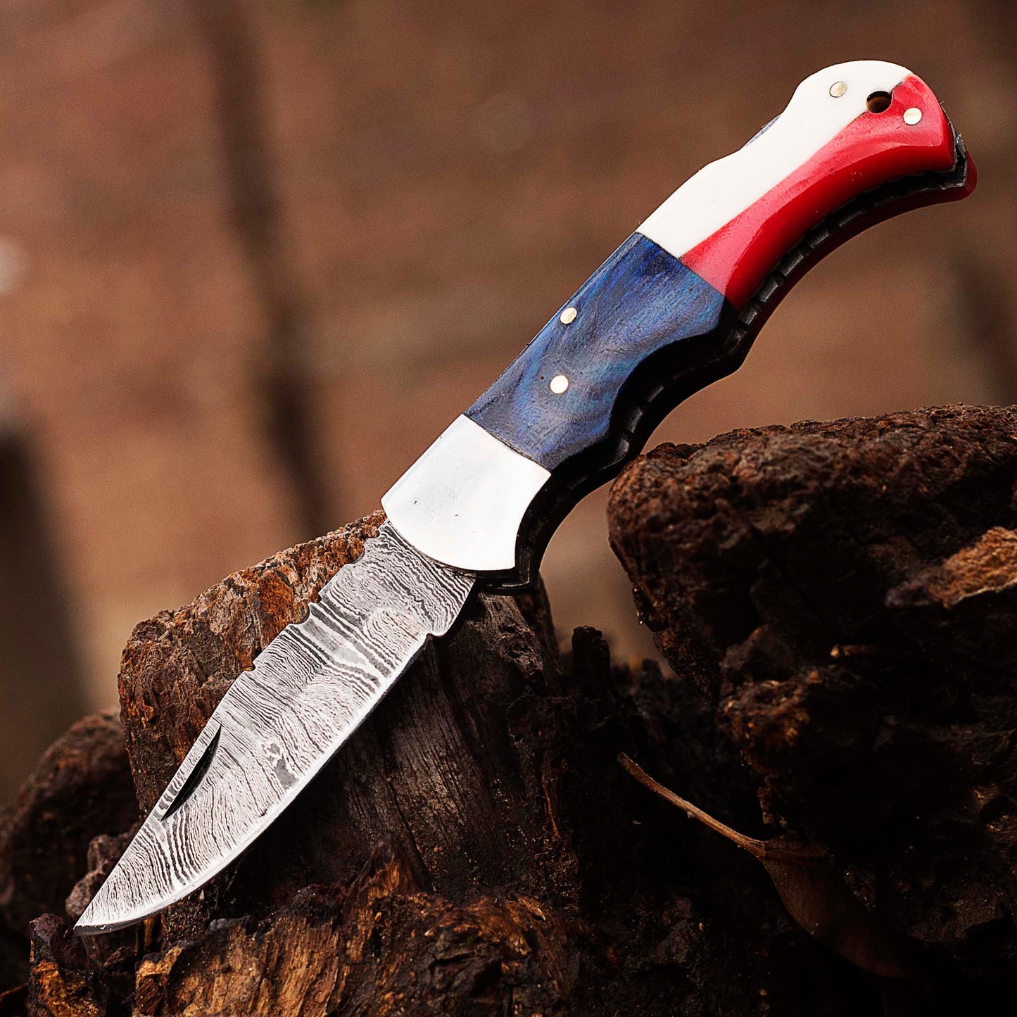 Handmade Damascus Pocket Knife, Texas Flag Folding Knife, Outdoor Survival Knife With Leather Sheath - Groomsmen Gift, Anniversary Gift