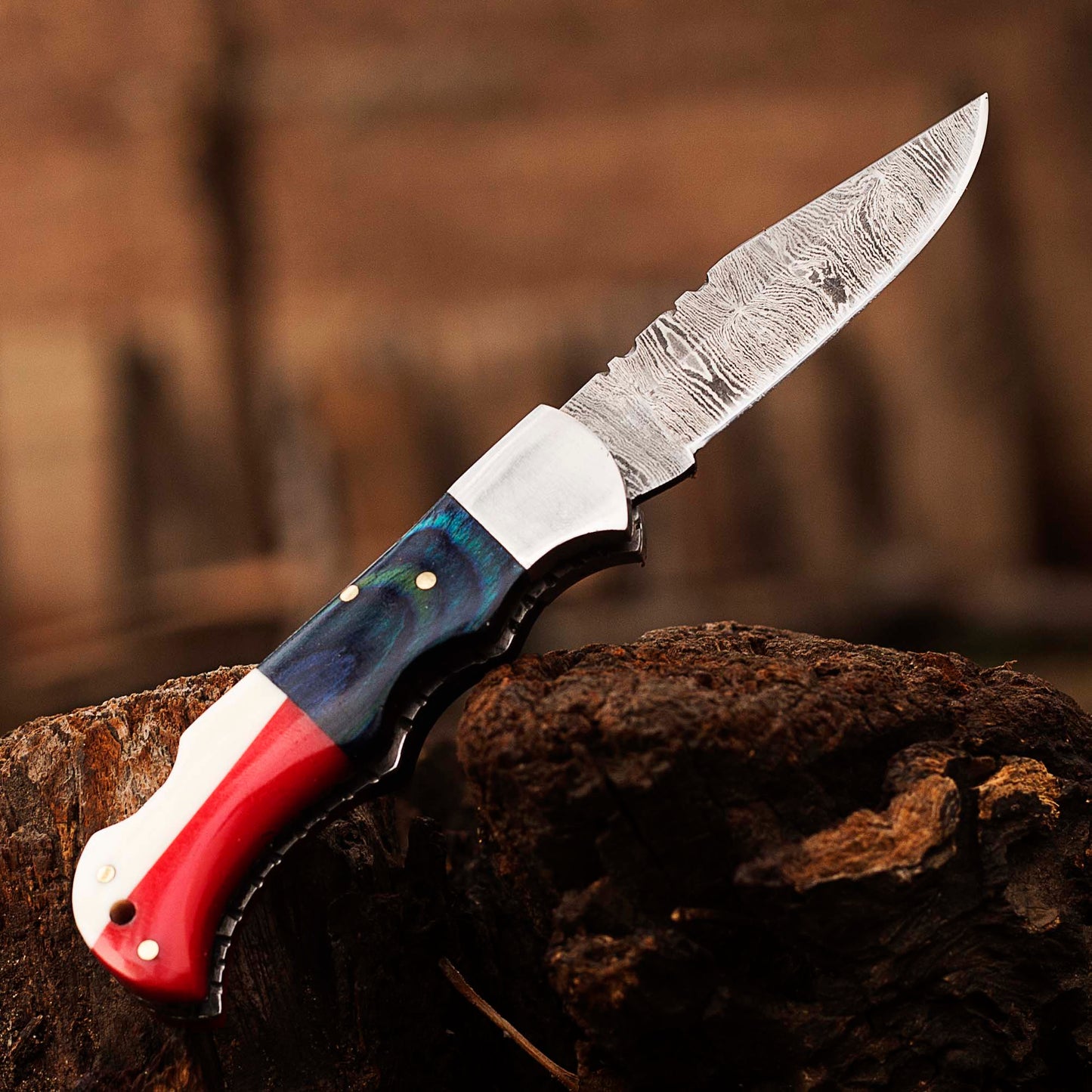 Handmade Damascus Pocket Knife, Texas Flag Folding Knife, Outdoor Survival Knife With Leather Sheath - Groomsmen Gift, Anniversary Gift