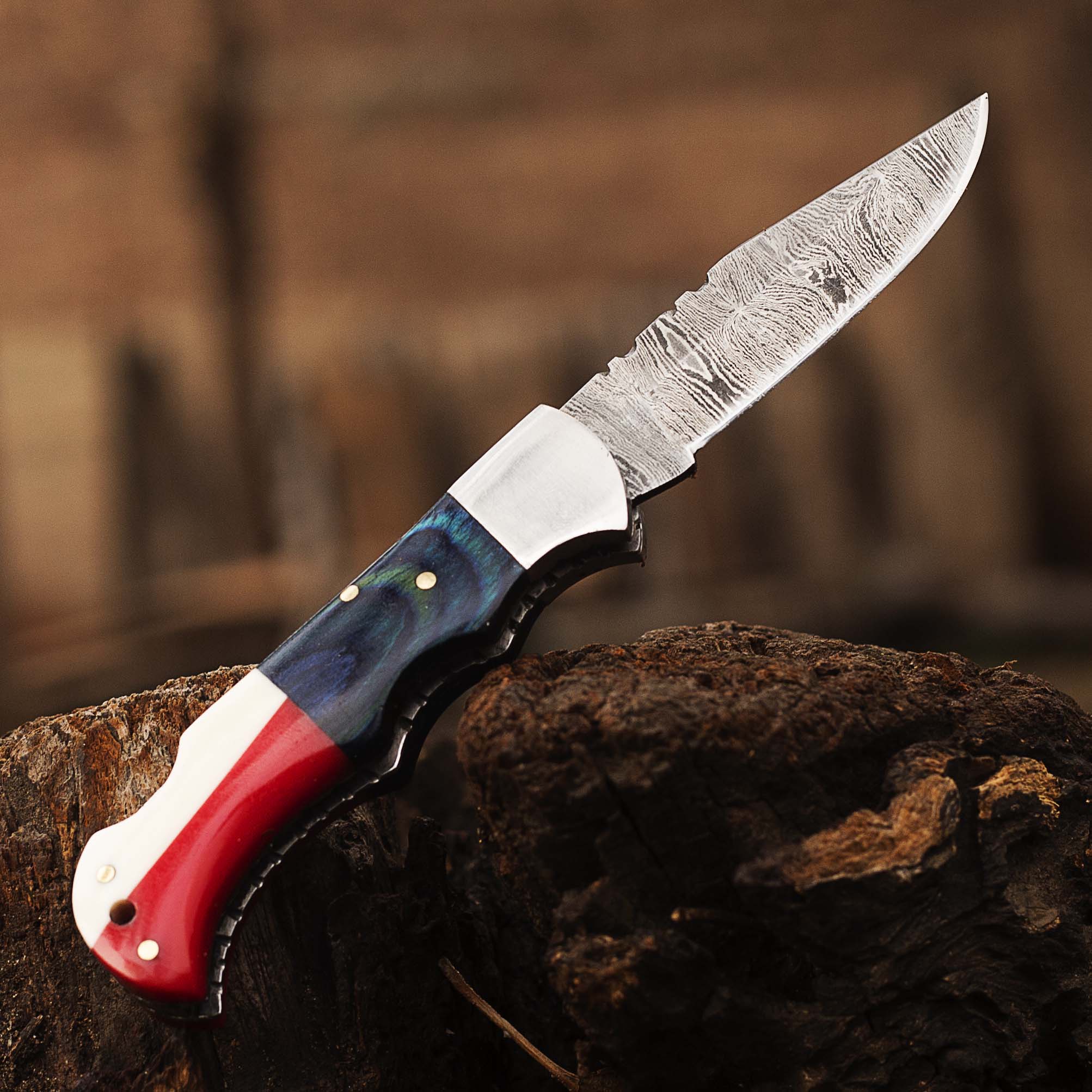 Handmade Damascus Pocket Knife, Texas Flag Folding Knife, Outdoor Survival Knife With Leather Sheath - Groomsmen Gift, Anniversary Gift