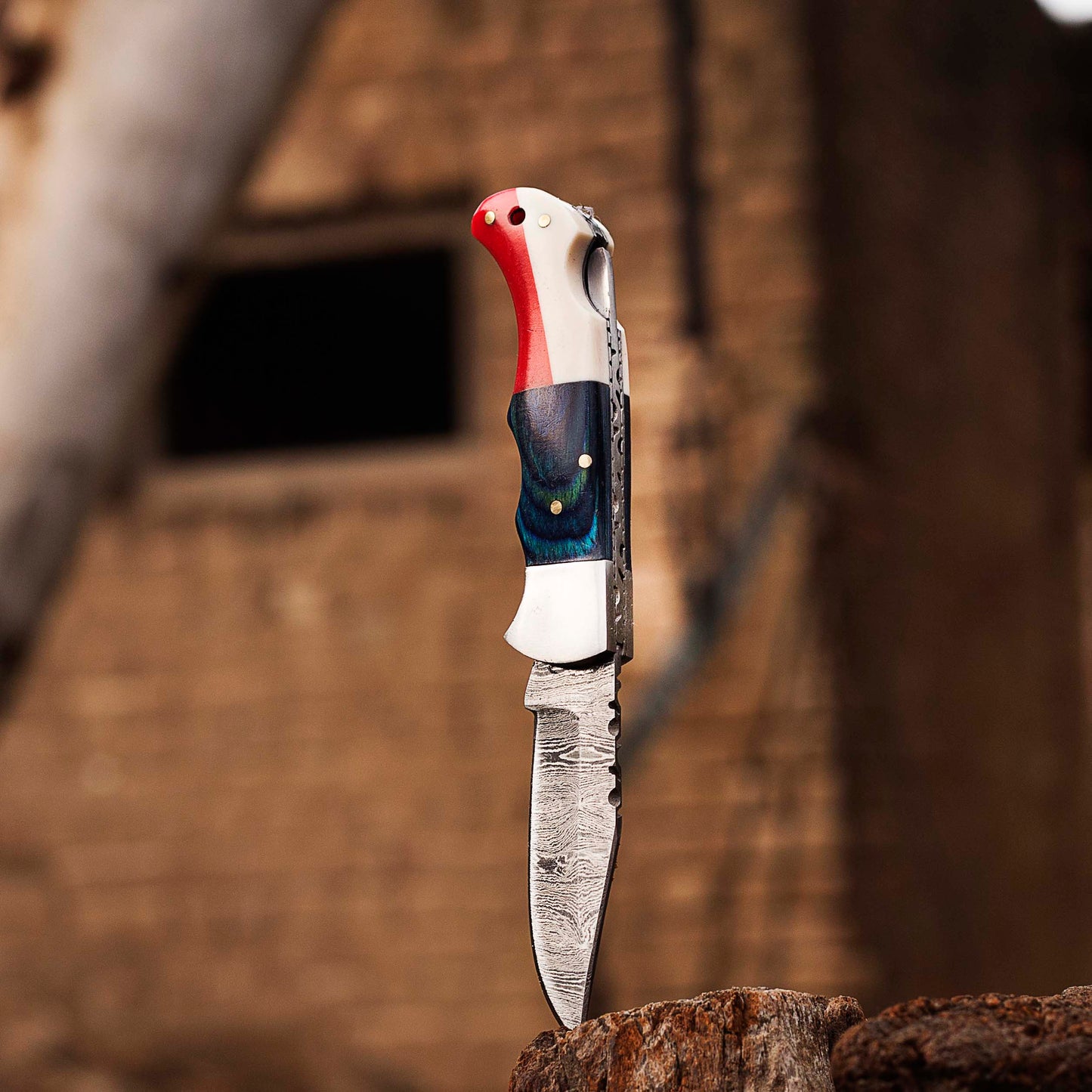 Handmade Damascus Pocket Knife, Texas Flag Folding Knife, Outdoor Survival Knife With Leather Sheath - Groomsmen Gift, Anniversary Gift