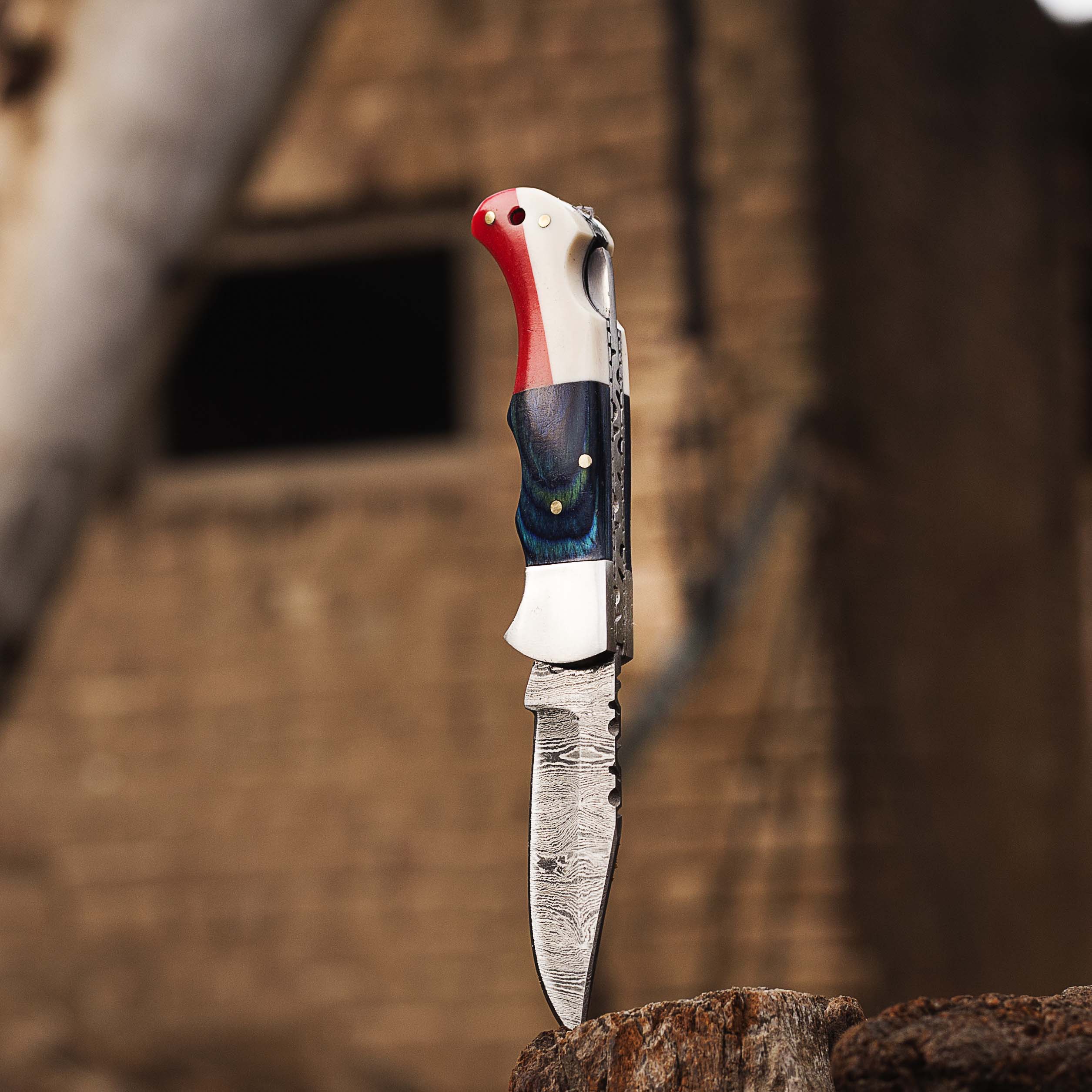 Handmade Damascus Pocket Knife, Texas Flag Folding Knife, Outdoor Survival Knife With Leather Sheath - Groomsmen Gift, Anniversary Gift