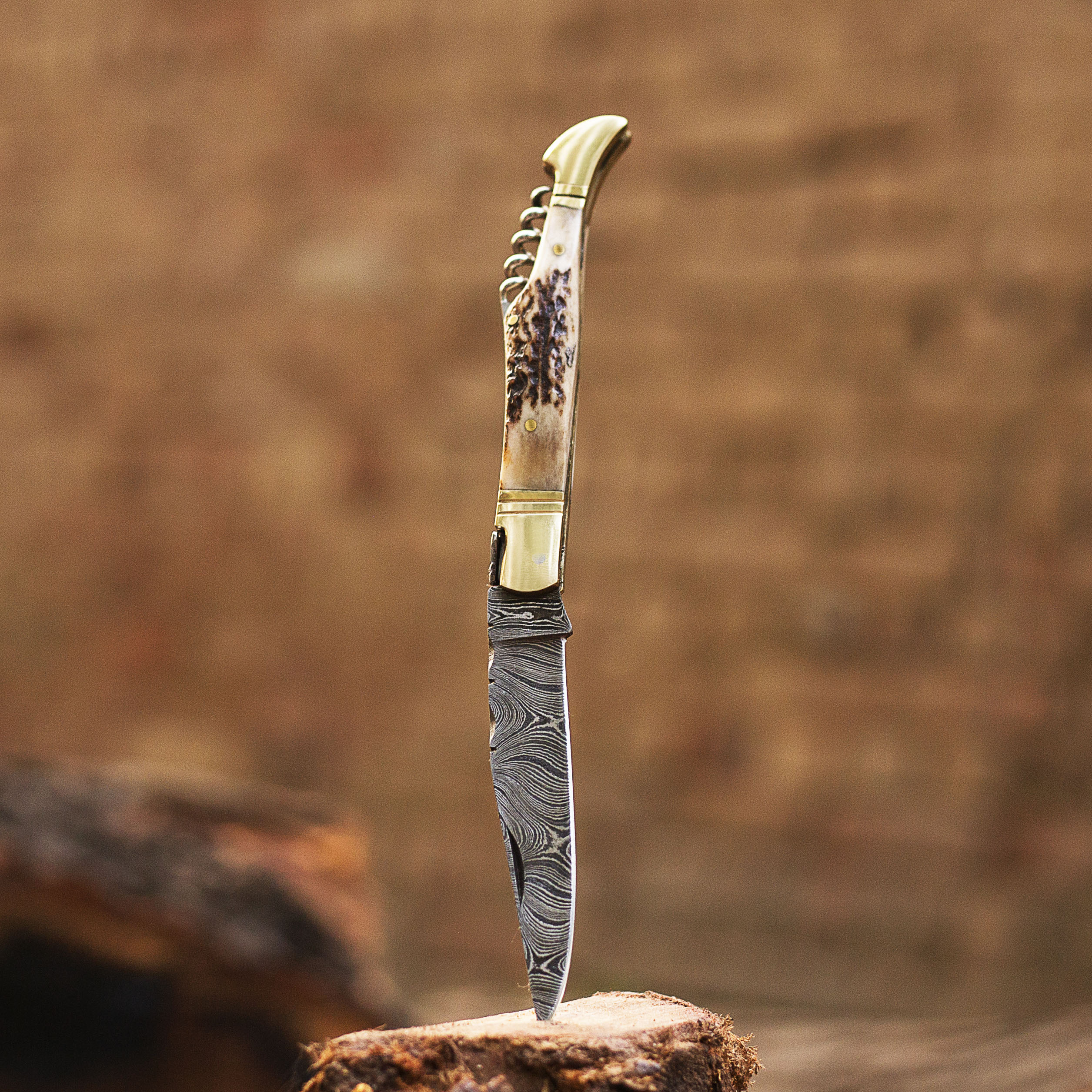 Custom Damascus Pocket Folding Knife | Antler Horn Handle | Birthday Gift Folding Knife | Groomsmen Gift Anniversary Wedding Personalized Gift for Men