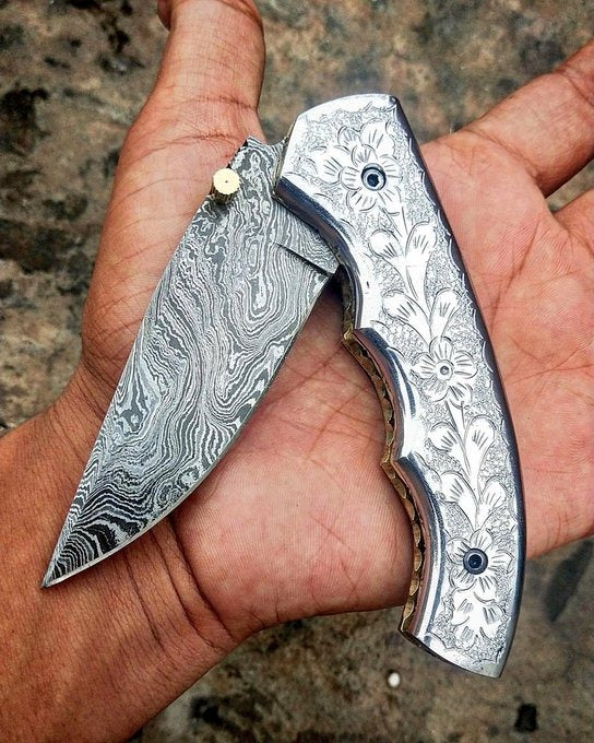 Beautiful Handmade Damascus Steel Everyday Carry Pocket Folding Knife With Engrave Unique Handle Best Gift item