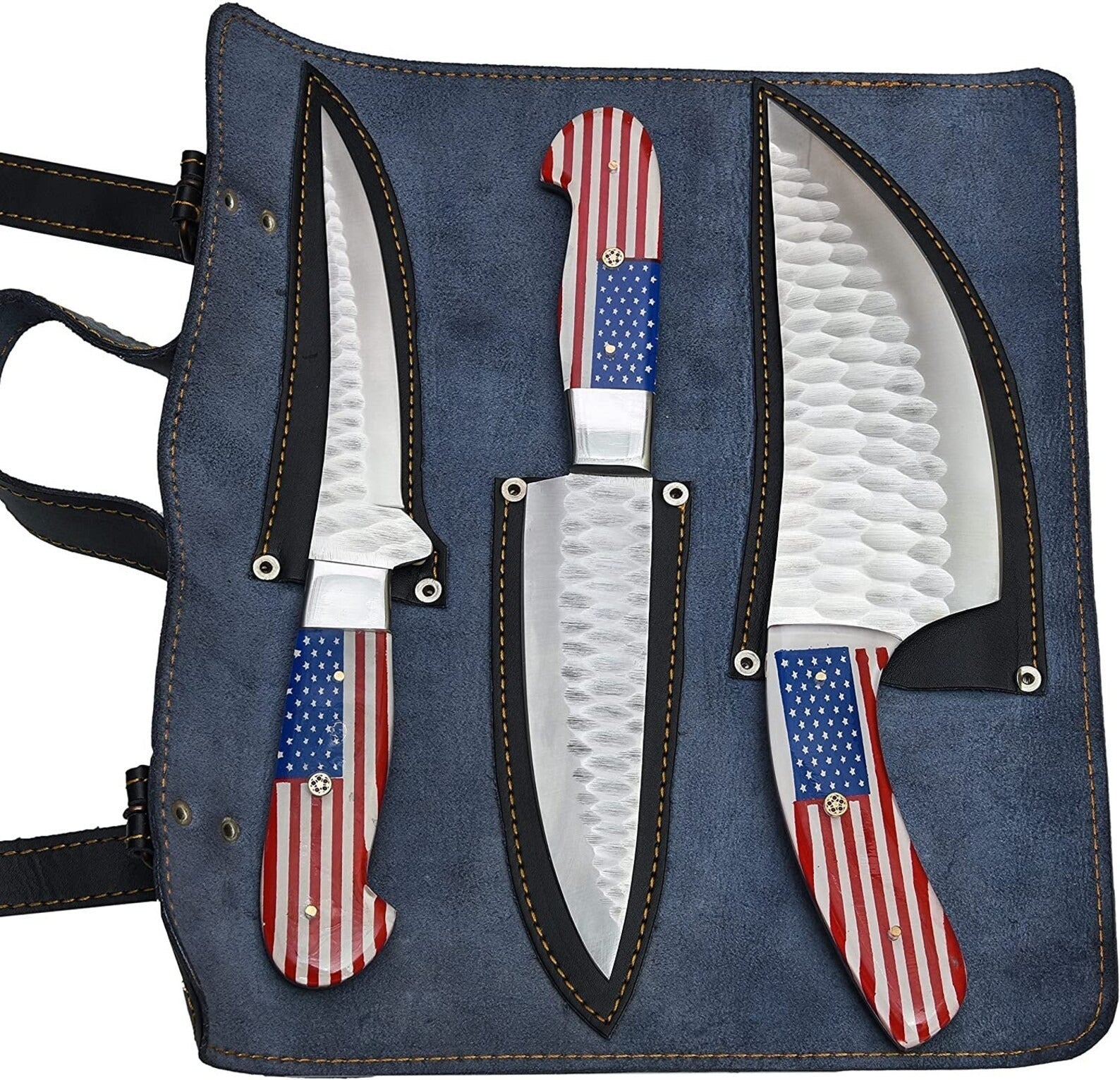 American Flag Handle Handmade 1095 High Carbon Steel Forged Blades Chef Knives Set of 3 Pieces Chef Set, Kitchen Knives Set & Leather Roll Bag, Mother's Day Gift, Father's Day Gift, Birthday Gift, Wedding Gift, Best Handmade Gift item, Gift for him/her