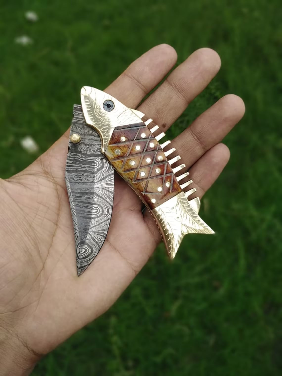 Fish Folding Pocket Knife 7.5" Damascus Steel Knife