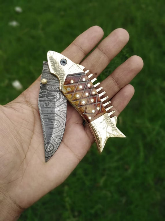 Fish Folding Pocket Knife 7.5" Damascus Steel Knife