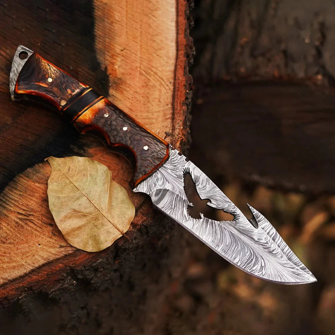 9.5' Damascus knife, Damascus Steel Blade ,Gut Hook Hunting knife , Damascus Skinner knife, Damascus steel knife, Camping knife With Burl Antler Handle