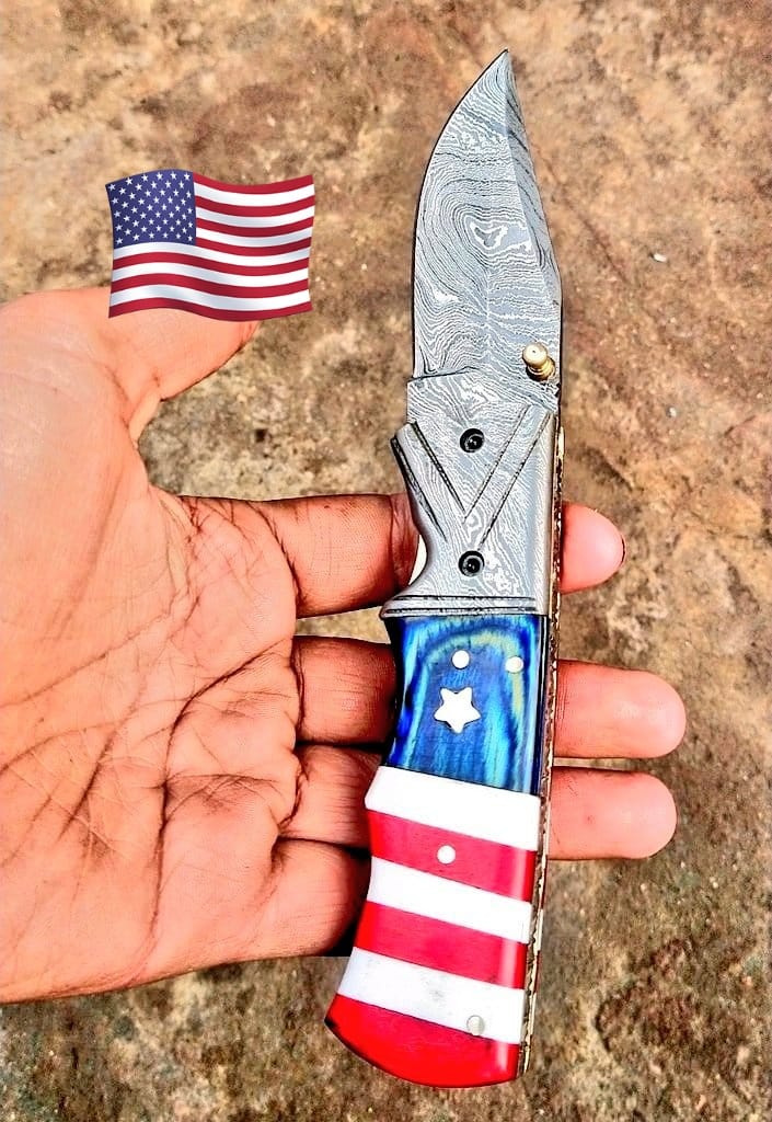 Hand Made Damascus Pocket Knife, American Flag Folding Knife, Outdoor Survival Knife With Leather Sheath - Groomsmen Gift, Anniversary Gift