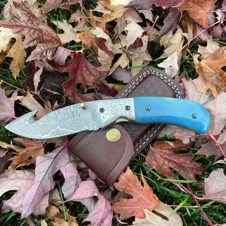 Gut Hook Folding Knife Damascus Steel Blade Bone Handle