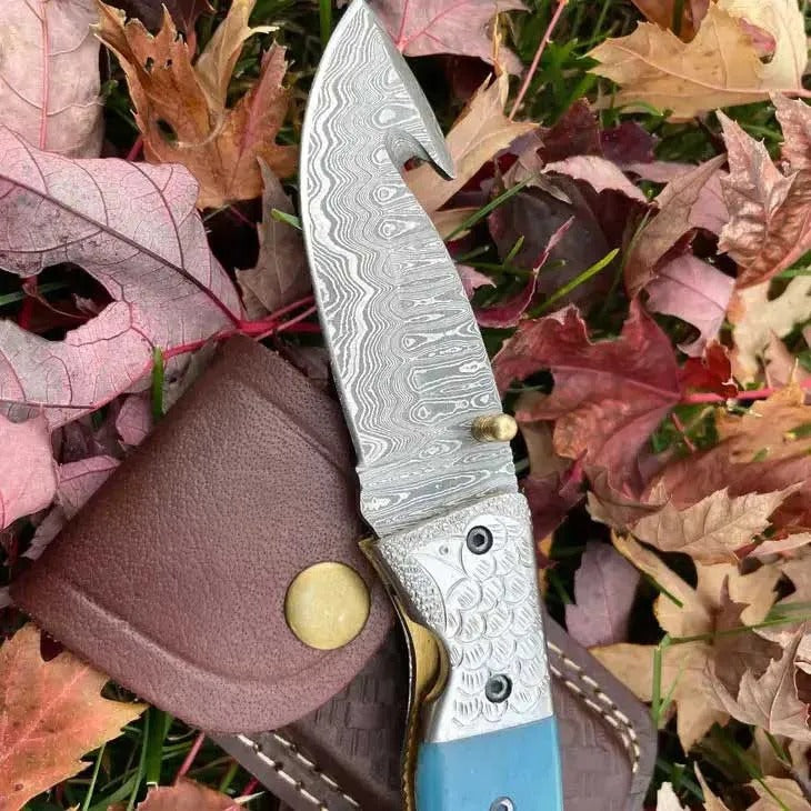Gut Hook Folding Knife Damascus Steel Blade Bone Handle
