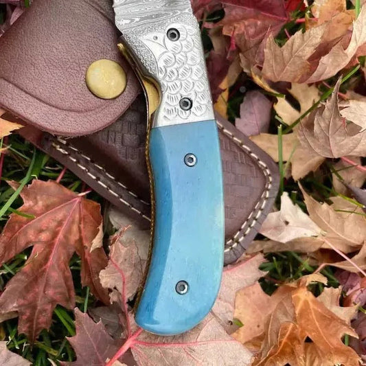 Gut Hook Folding Knife Damascus Steel Blade Bone Handle