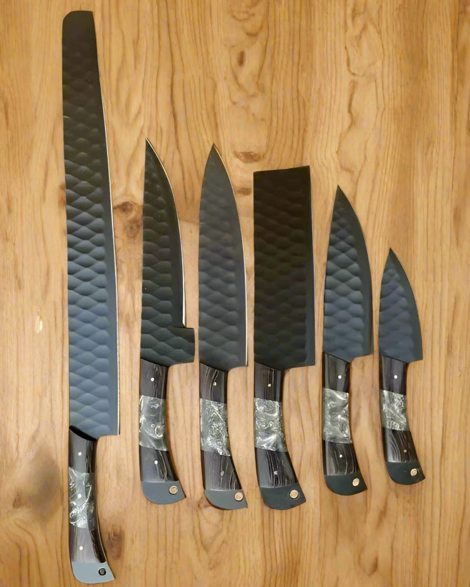Custom Handmade Chef Knives Set / Kitchen Knives Set / 6Pcs Chef Set / Black Coated Blades Chef Knives Set / BBQ Knives Set / Best gift item / Mother Day Gift / Professional Chef For Gift