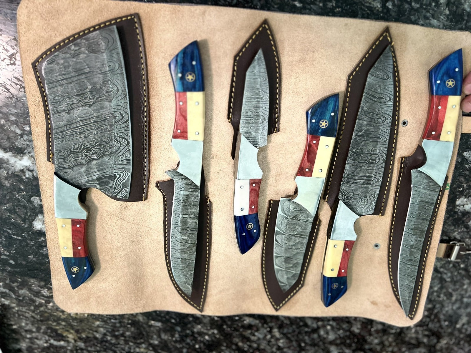 Custom Handmade Chef Knives Set / Kitchen Knives Set / 6Pcs Chef Set / Texas Flag Handle Chef Set / Texas Handle Knives / Damascus Blades Chef Knives Set / BBQ Knives Set / Best gift item / Mother Day Gift / Professional Chef For Gift