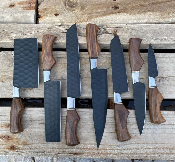 Custom Handmade Chef Knives Set / Kitchen Knives Set / 7Pcs Chef Set / Black Coated Blades Chef Knives Set / BBQ Knives Set / Best gift item / Mother Day Gift / Professional Chef For Gift