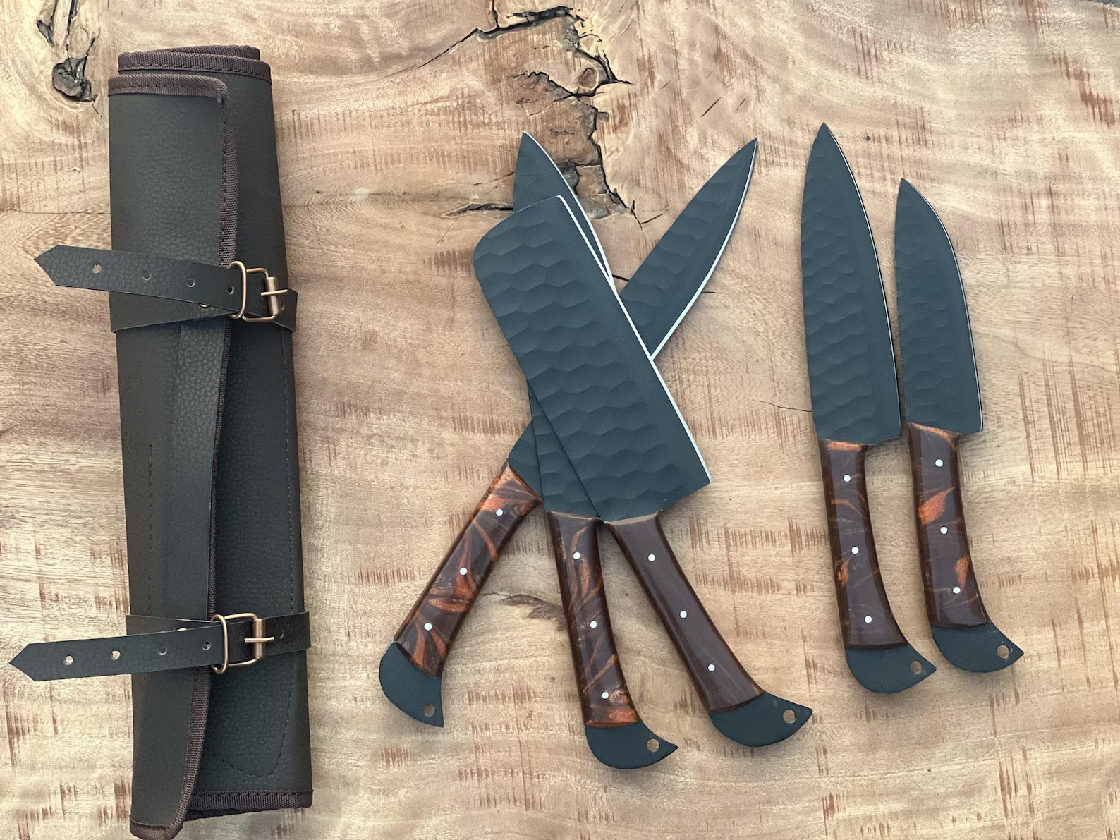 Custom Handmade Chef Knives Set / Kitchen Knives Set / 5Pcs Chef Set / Black Coated Blades Chef Knives Set / BBQ Knives Set / Best gift item / Mother Day Gift / Professional Chef For Gift