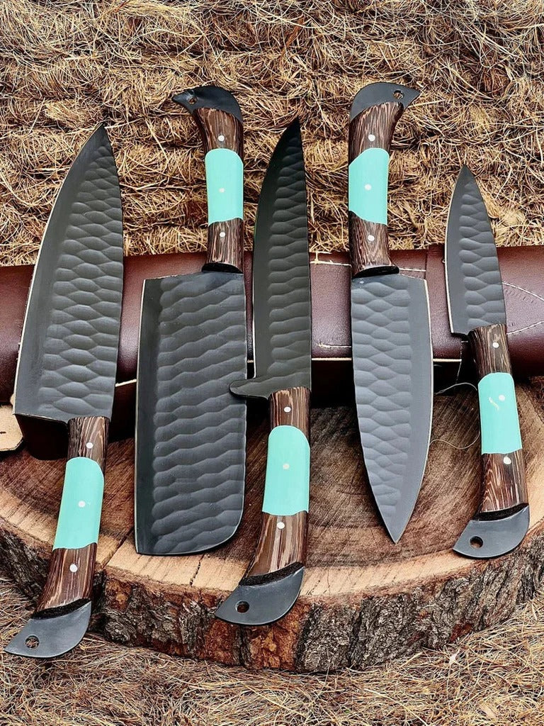 Custom Handmade Chef Knives Set / Kitchen Knives Set / 5Pcs Chef Set / Black Coated Blades Chef Knives Set / BBQ Knives Set / Best gift item / Mother Day Gift / Professional Chef For Gift