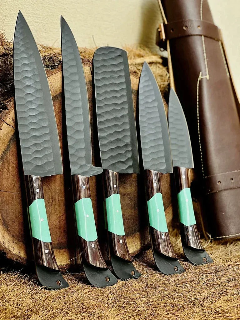 Custom Handmade Chef Knives Set / Kitchen Knives Set / 5Pcs Chef Set / Black Coated Blades Chef Knives Set / BBQ Knives Set / Best gift item / Mother Day Gift / Professional Chef For Gift