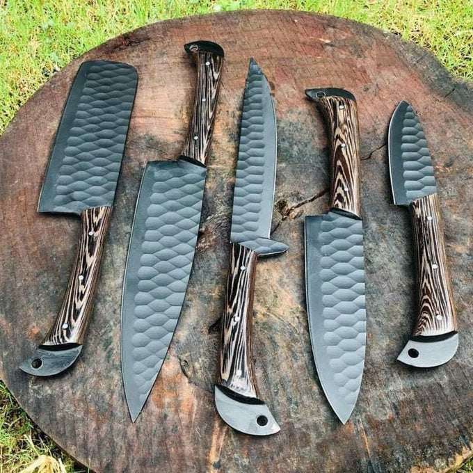 Custom Handmade Chef Knives Set / Kitchen Knives Set / 5Pcs Chef Set / Black Coated Blades Chef Knives Set / BBQ Knives Set / Best gift item / Mother Day Gift / Professional Chef For Gift