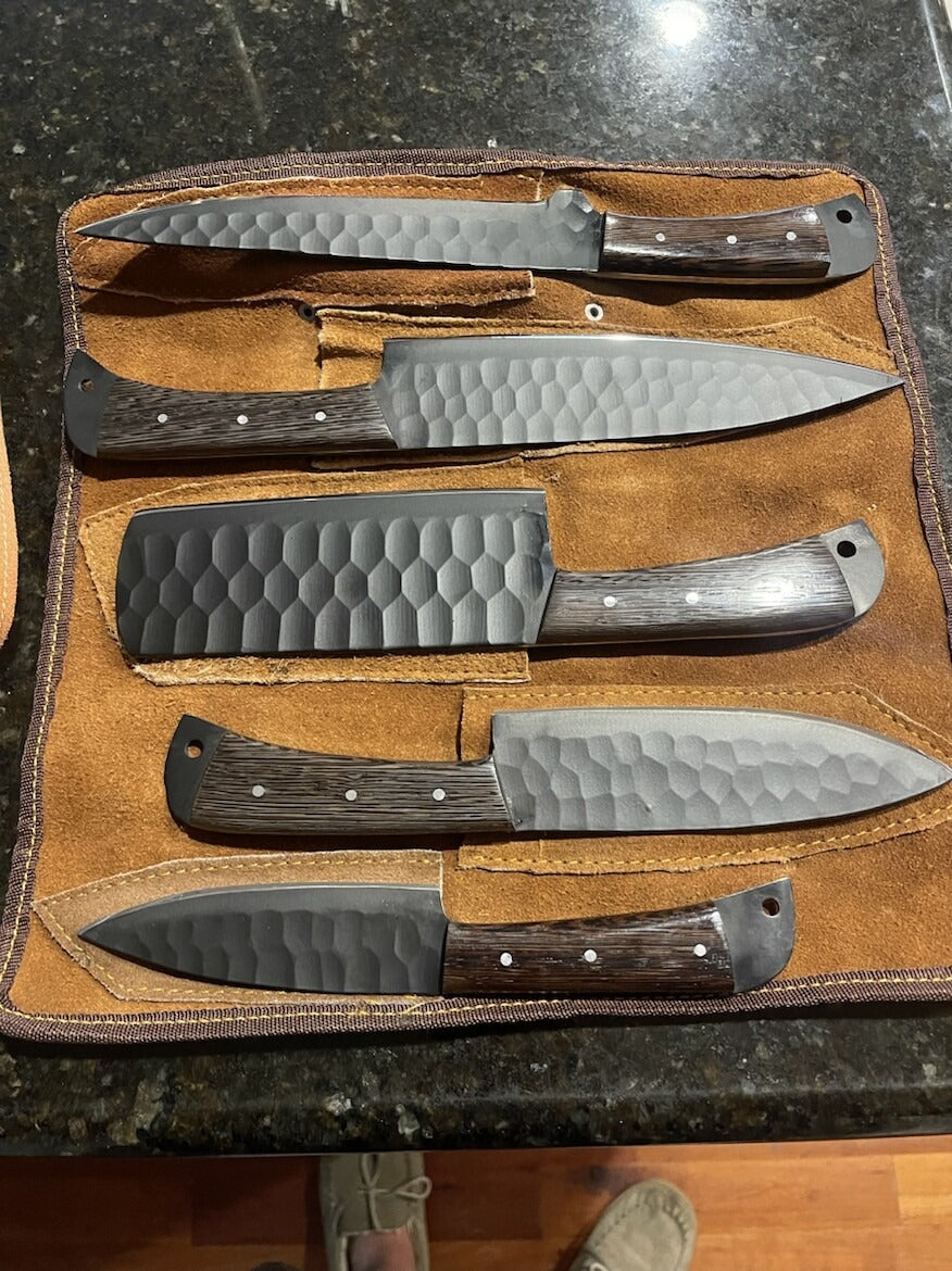 Custom Handmade Chef Knives Set / Kitchen Knives Set / 5Pcs Chef Set / Black Coated Blades Chef Knives Set / BBQ Knives Set / Best gift item / Mother Day Gift / Professional Chef For Gift
