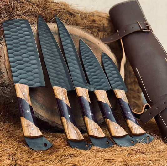Custom Handmade Chef Knives Set / Kitchen Knives Set / 5Pcs Chef Set / Black Coated Blades Chef Knives Set / BBQ Knives Set / Best gift item / Mother Day Gift / Professional Chef For Gift