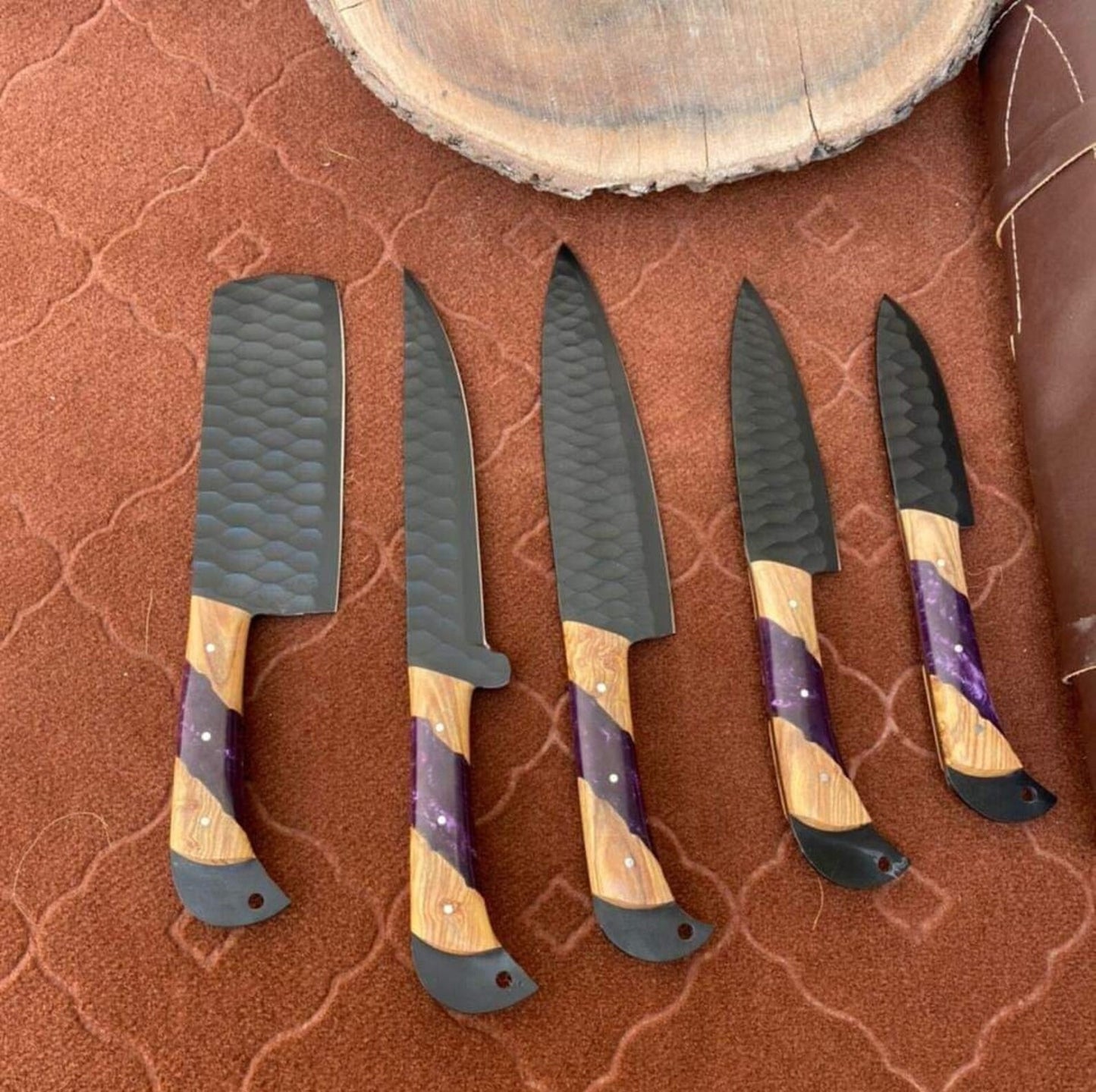 Custom Handmade Chef Knives Set / Kitchen Knives Set / 5Pcs Chef Set / Black Coated Blades Chef Knives Set / BBQ Knives Set / Best gift item / Mother Day Gift / Professional Chef For Gift