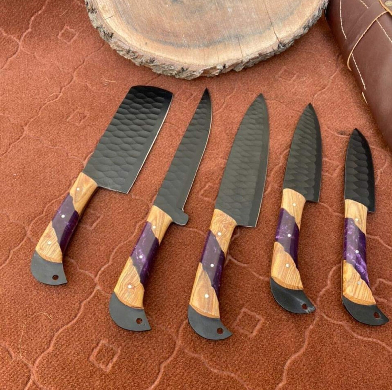 Custom Handmade Chef Knives Set / Kitchen Knives Set / 5Pcs Chef Set / Black Coated Blades Chef Knives Set / BBQ Knives Set / Best gift item / Mother Day Gift / Professional Chef For Gift