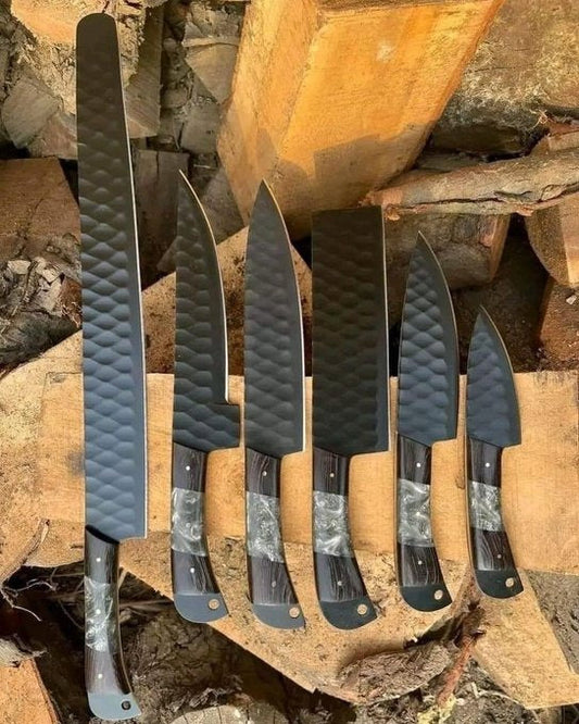 Custom Handmade Chef Knives Set / Kitchen Knives Set / 6Pcs Chef Set / Black Coated Blades Chef Knives Set / BBQ Knives Set / Best gift item / Mother Day Gift / Professional Chef For Gift