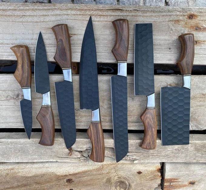 Custom Handmade Chef Knives Set / Kitchen Knives Set / 7Pcs Chef Set / Black Coated Blades Chef Knives Set / BBQ Knives Set / Best gift item / Mother Day Gift / Professional Chef For Gift