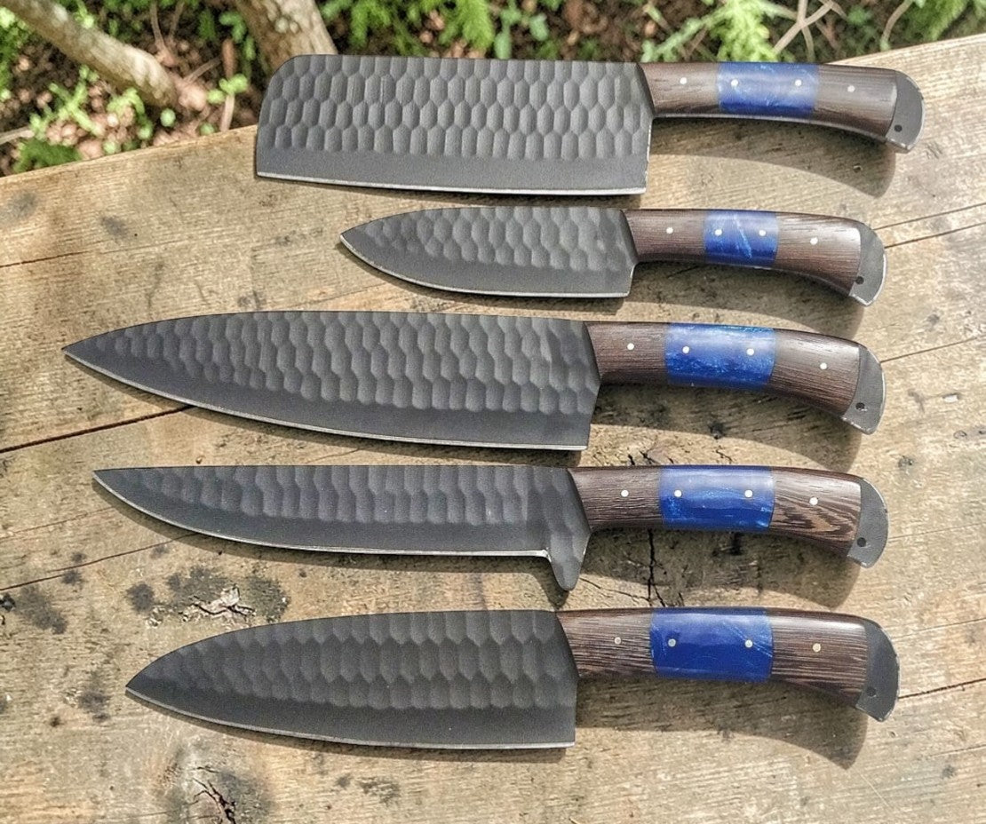 Custom Handmade Chef Knives Set / Kitchen Knives Set / 5Pcs Chef Set / Black Coated Blades Chef Knives Set / BBQ Knives Set / Best gift item / Mother Day Gift / Professional Chef For Gift