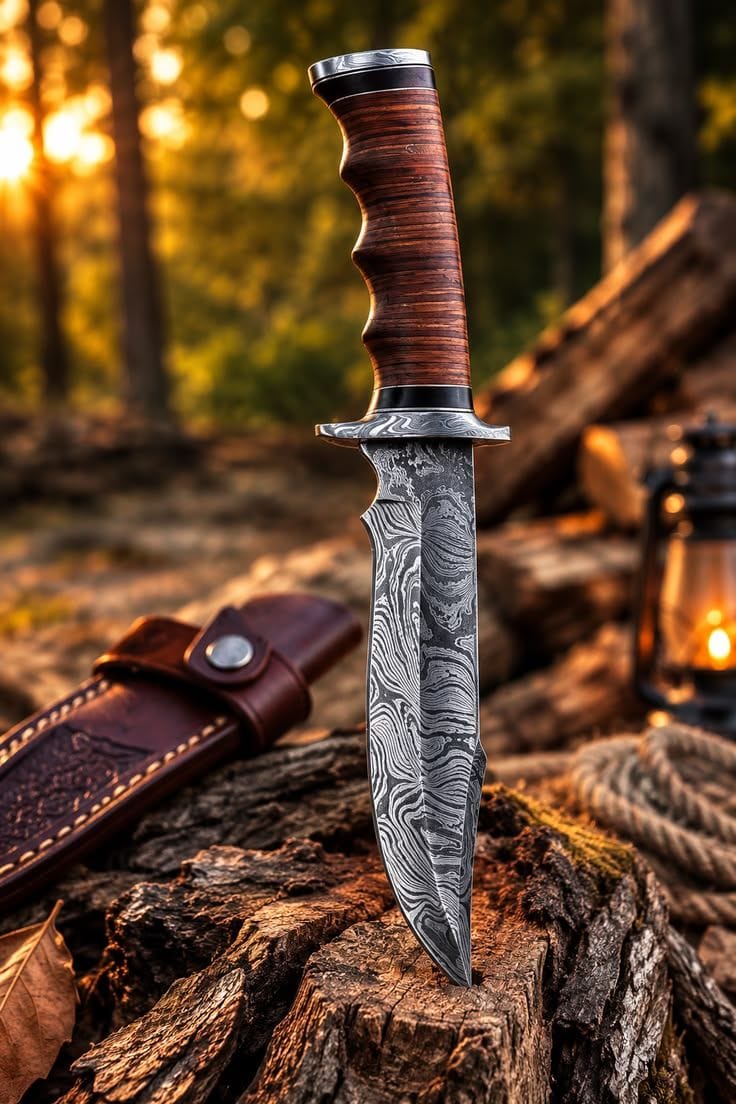 Damascus Steel Sharp Edge Blade Outdoor Hunting Bowie Knife