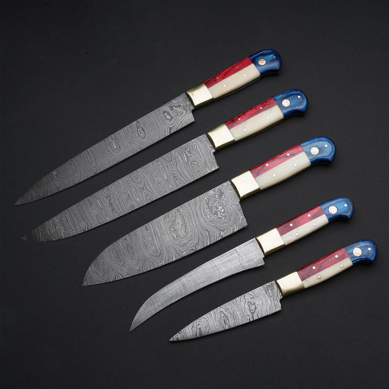 Custom Handmade Chef Knives Set / Kitchen Knives Set / 5Pcs Chef Set / Texas Flag Handle Chef Set / Texas Handle Knives / Damascus Blades Chef Knives Set / BBQ Knives Set / Best gift item / Mother Day Gift / Professional Chef For Gift