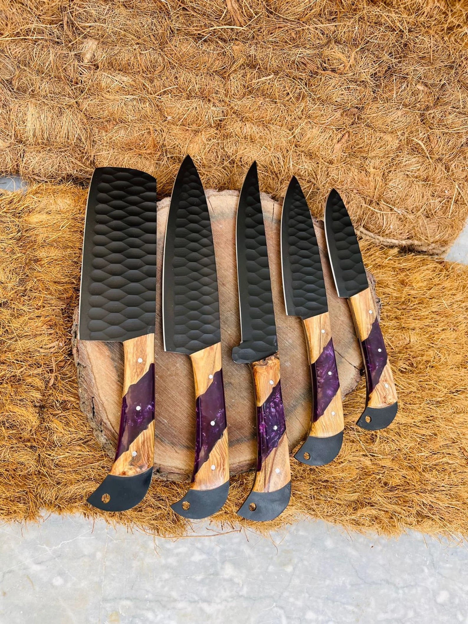 Custom Handmade Chef Knives Set / Kitchen Knives Set / 5Pcs Chef Set / Black Coated Blades Chef Knives Set / BBQ Knives Set / Best gift item / Mother Day Gift / Professional Chef For Gift