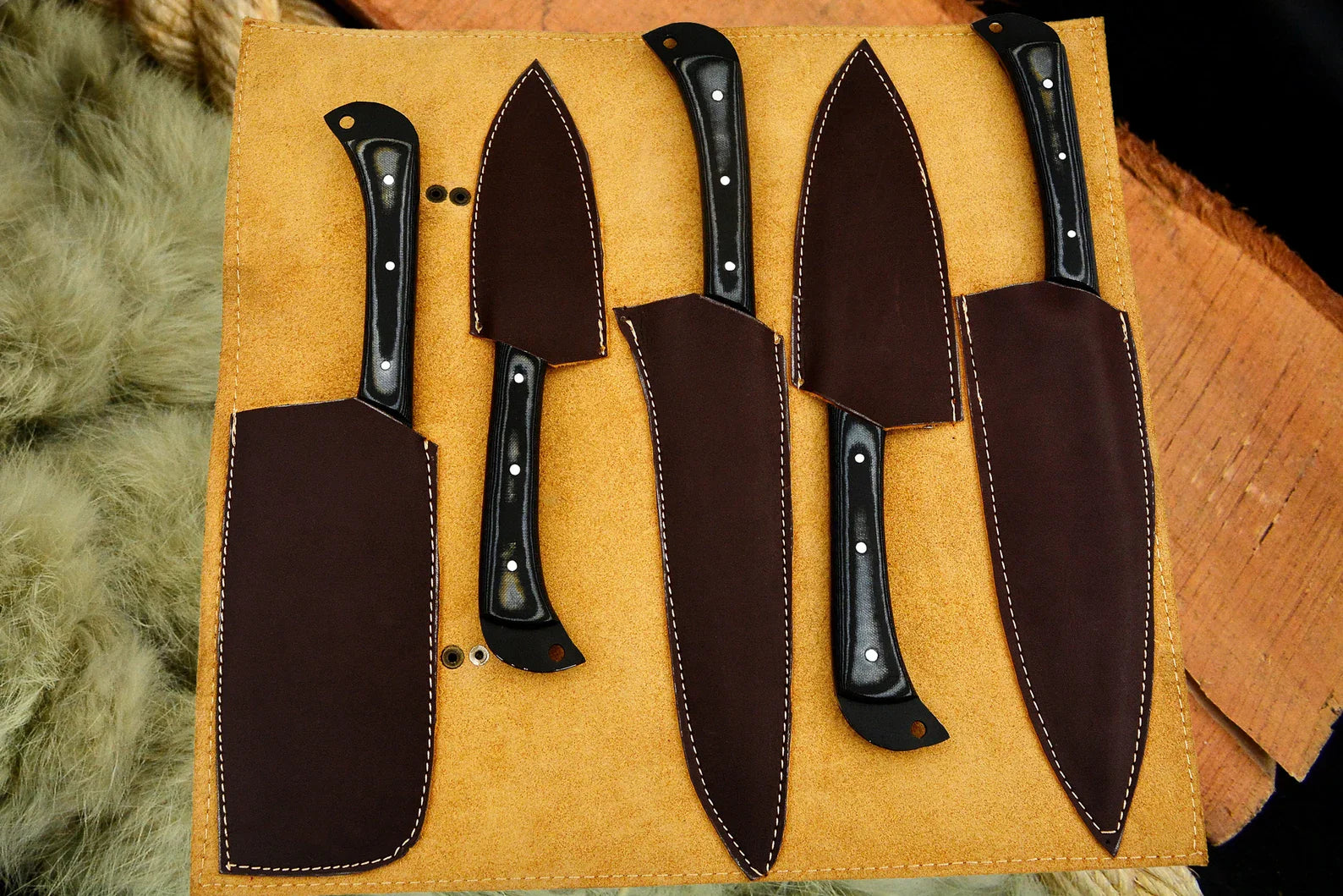 Custom Handmade Chef Knives Set / Kitchen Knives Set / 5Pcs Chef Set / Black Coated Blades Chef Knives Set / BBQ Knives Set / Best gift item / Mother Day Gift / Professional Chef For Gift